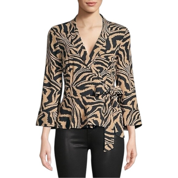 GANNI | Tiger-Print Wrap Blouse | Long Sleeve Tie Waist Tan Black  Top | 36 US 4 - Picture 1 of 8